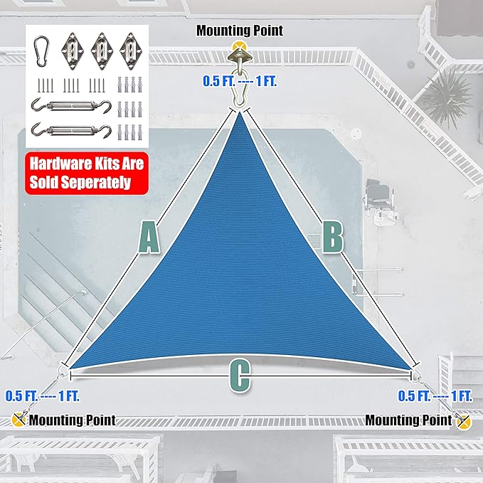 Amgo Custom Size 9' x 9' x 9' Blue Triangle Sun Shade Sail UPF50+ AGTAPRT12 - Image 8