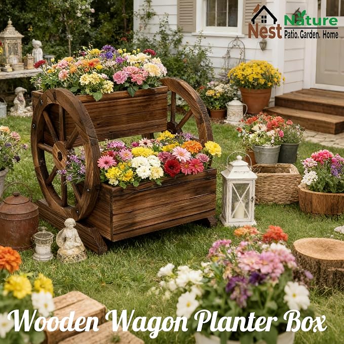 NestNature Wooden Wagon Planter Box, Raised Garden Bed, Decorative Garden - Image 4