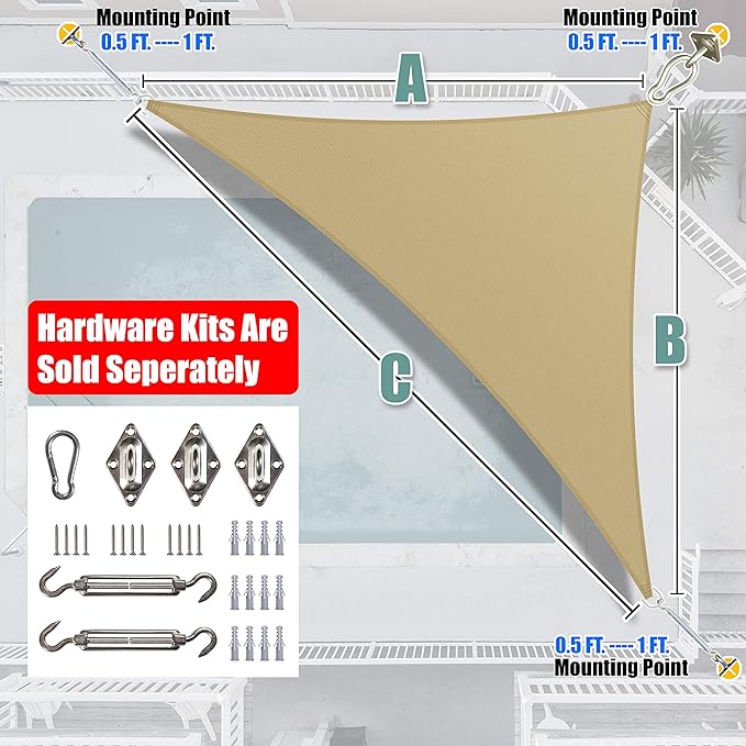 Amgo Custom Size 16' x 19' x 24.8' Sand Beige Right Triangle Sun Shade Sail - Image 8