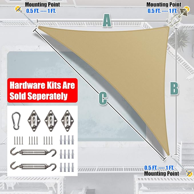 Amgo Custom Size 11' x 14' x 17.8' Sand Beige Right Triangle Sun Shade Sail - Image 7