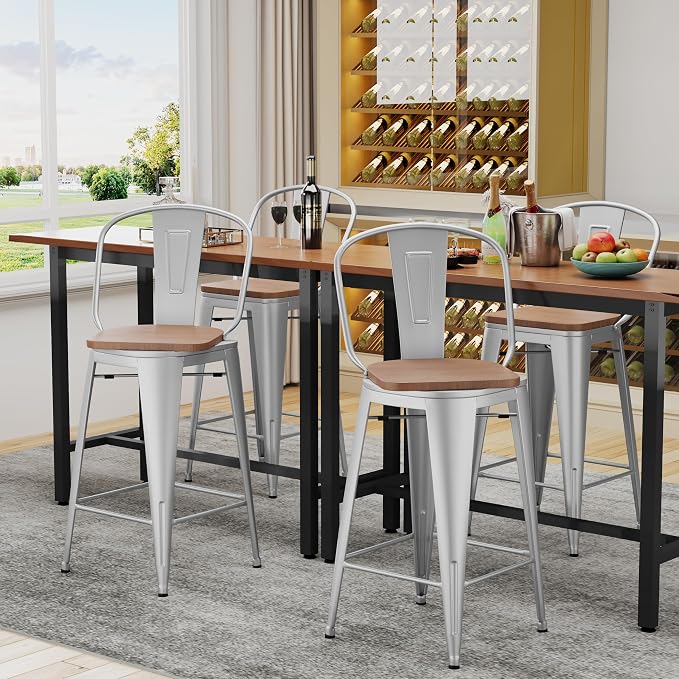 Alunaune 26" Swivel Metal Bar Stools Set of 4 High Back Counter Height - Image 6