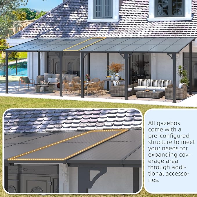 AECOJOY 16' x 10' Gazebo Outdoor Pergola, 10x16 Large Wall-Mounted Hardtop Lean - Image 8