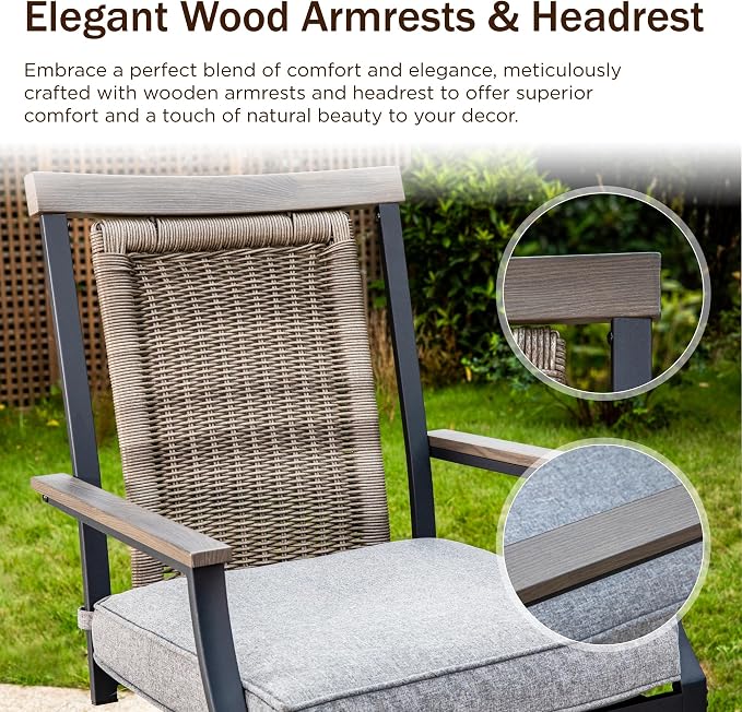 PHI VILLA Outdoor Swivel Bar Stools Set of 6, Rattan Backrest and Wood-Like - Image 7