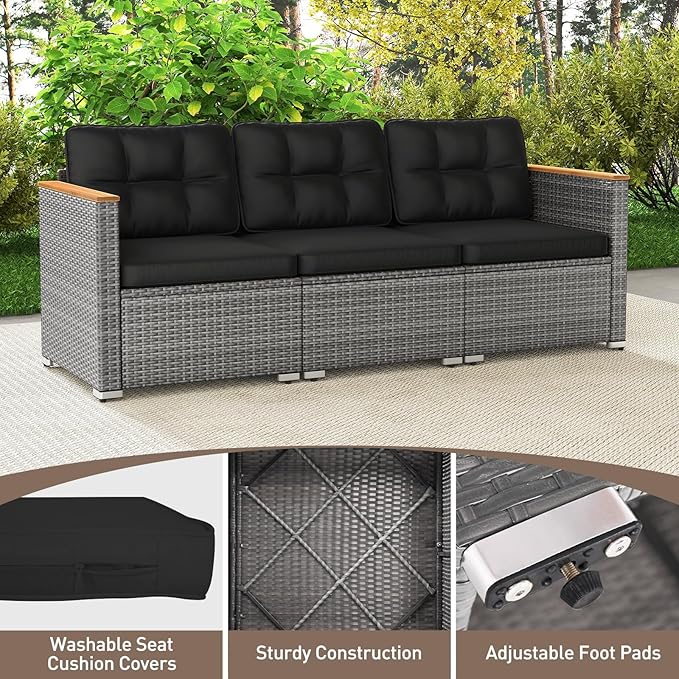 Tangkula 3-Seat Patio Wicker Couch Sofa, Outdoor 3 Seater Rattan Furniture Set - Image 6