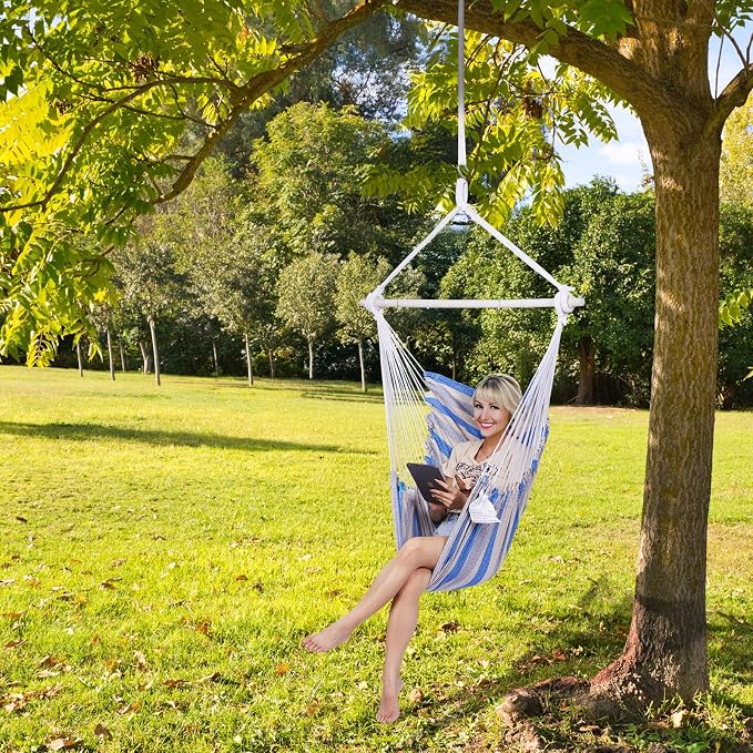 Backyard Expressions Striped Hammock Chair Hanging Rope Swing Chair, Anti Slip - Image 7