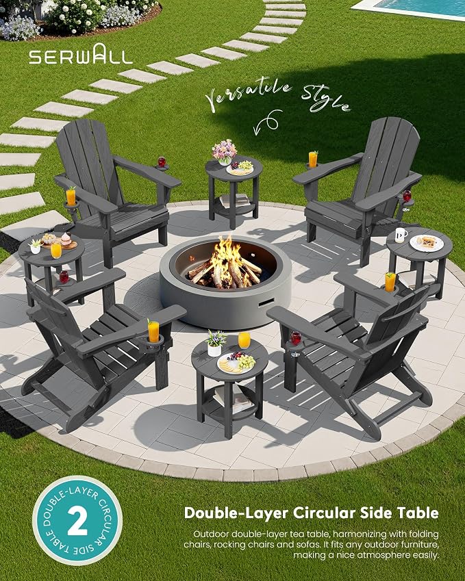 SERWALL Round Outdoor Side Table Set of 2, HDPE Small Adirondack Double End - Image 7