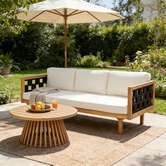 Merax 2 Piece Acacia Wood Outdoor Conversation Set, 3-Seater Outdoor Daybed Sofa by Merax