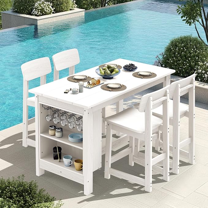SERWALL Outdoor Bar Table and Chairs Set, 5-Piece HDPE Counter Height Patio by SERWALL