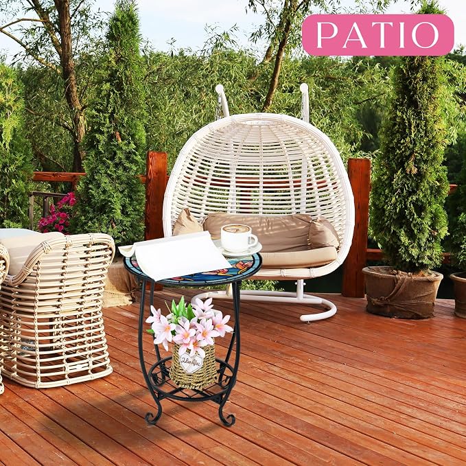 Outdoor Side Table Round Small Mosaic Patio Accent Indoor End Plant Coffee Tea - Image 3