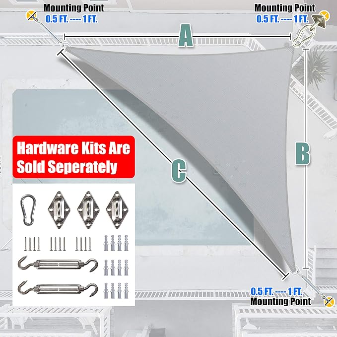 Amgo Custom Size 8' x 15' x 17' Grey Right Triangle Sun Shade Sail Order to - Image 7