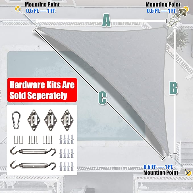 Amgo Custom Size 5' x 7' x 8.6' Grey Right Triangle Sun Shade Sail Order to - Image 7