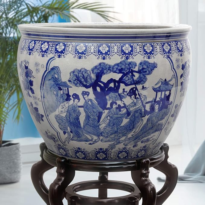 Red Lantern 12" Ladies Blue & White Porcelain Fishbowl Planter or Cachepot - Image 7