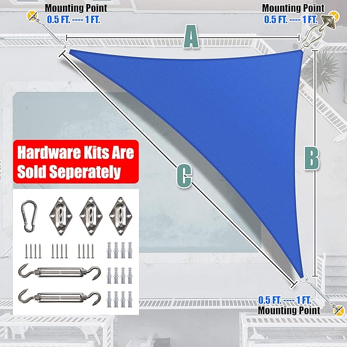 Amgo Custom Size 11' x 22' x 24.6' Blue Right Triangle Sun Shade Sail UPF50+ - Image 8