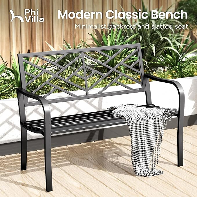 PHI VILLA 43 Inch Cast Iron Steel Frame Outdoor Garden Bench, Patio Furniture - Image 3