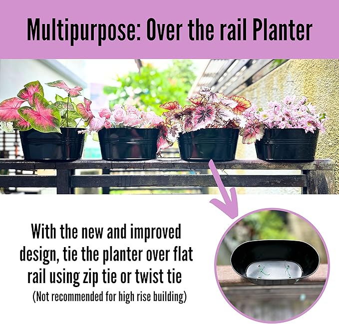 LaLaGreen Rail Planter Outdoor Plants Black Metal Iron Hanging Flower Pots Deck - Image 4