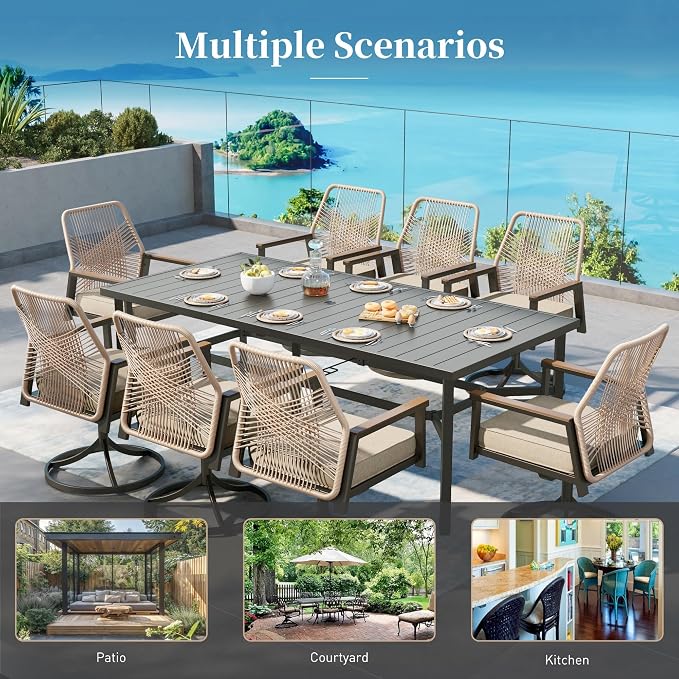 Patio Dining Set 9 Piece, 8 x Woven Rattan Swivel Chairs - Image 9