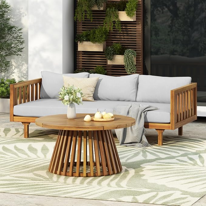 Merax Outdoor Acacia Wood Conversation Set, 3-Seat Loveseat Sofa w/Coushion and - Image 2