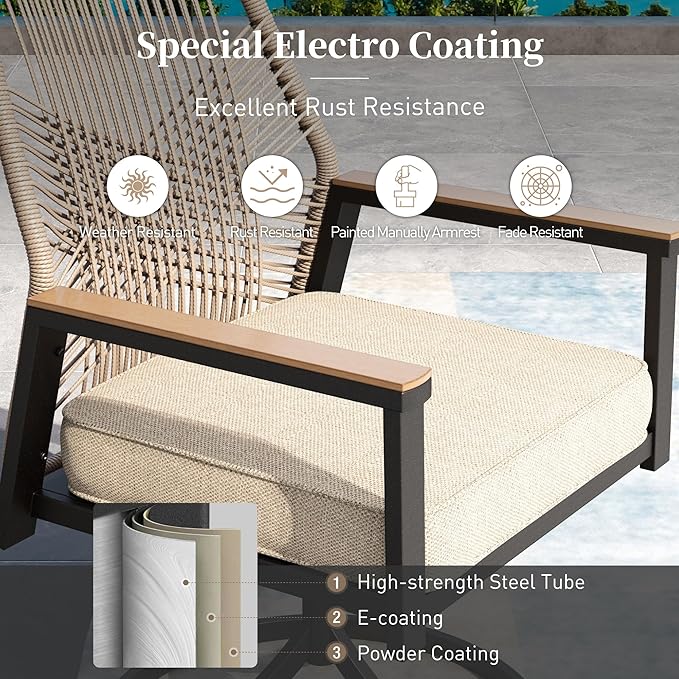 Patio Dining Set 7 Piece, 4 Woven Rattan Fixed Chairs and 2 Swivel Chairs - Image 8