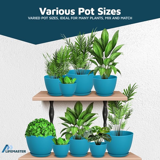 Blue Plant Pots with Drainage Holes & Saucers 15 Pack, Indoor & Outdoor - Image 4