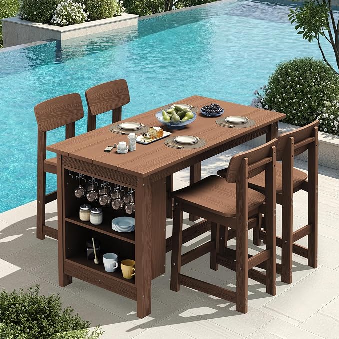 SERWALL Outdoor Bar Table and Chairs Set, 5-Piece HDPE Counter Height Patio - Image 6