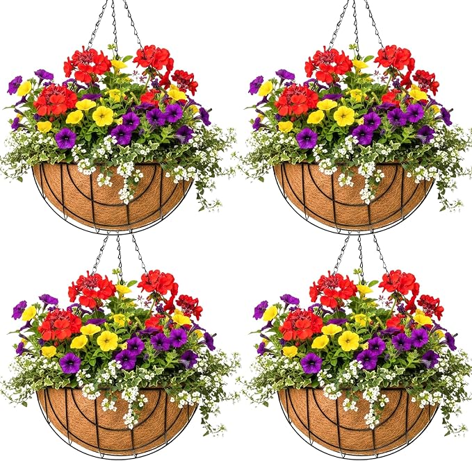 Metal Hanging Baskets for Plants Outdoor 4 Pack Round Metal Wire Hanging Basket by JFFLYIT