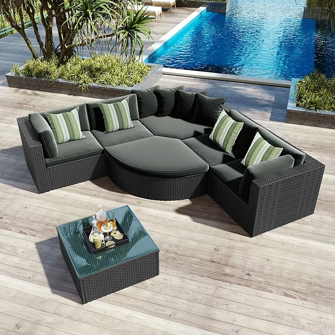 Merax 7-Piece Outdoor Wicker Sectional Sofa Set, Modular Rattan Conversation Set by Merax