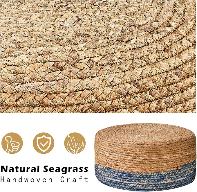 Wimarsbon Round Foot Stool Natural Seagrass Poufs Ottoman Hand Weave Footrest - Image 4