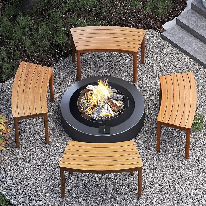 Tangkula Acacia Wood Outdoor Curved Bench Set of 3, Patio Garden Backless Fire - Image 4