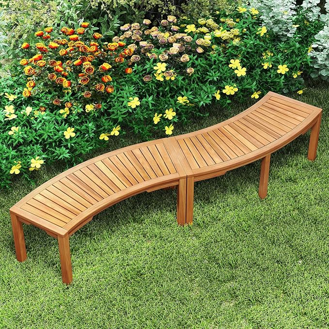 Tangkula Outdoor Curved Bench, Acacia Wood Fire Pit Bench w/Slatted Seat - Image 2