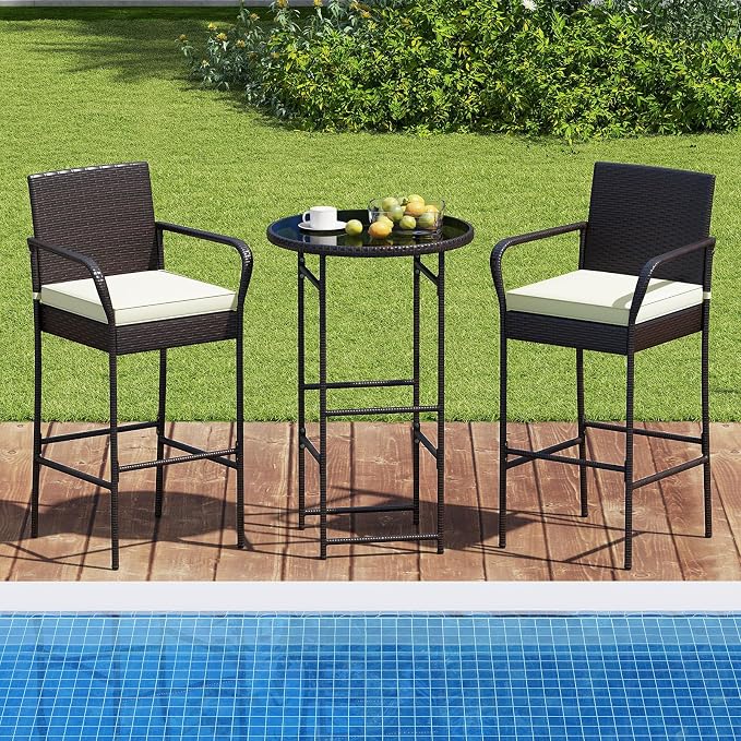 Tangkula 3 Piece Outdoor Bar Set, Patio Rattan Heavy Duty Bar Height Glass Top - Image 4