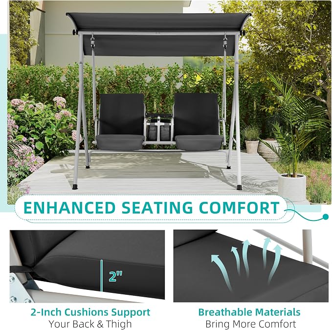 HOMREST 2 Seat Outdoor Porch Swing, Patio Swing - Image 6