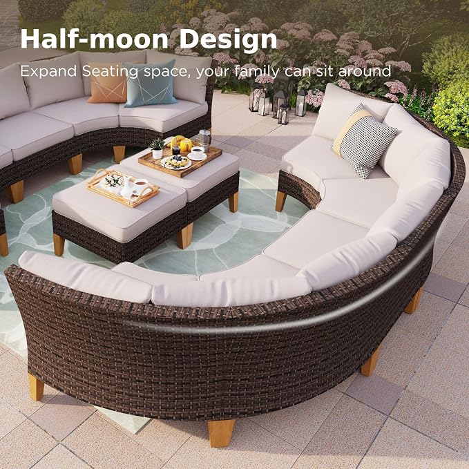 PHI VILLA 8-Piece Half-Moon Patio Furniture Set, Outdoor Wicker Sectional Sofa - Image 8