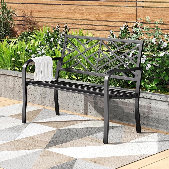 PHI VILLA 43 Inch Cast Iron Steel Frame Outdoor Garden Bench, Patio Furniture by PHIVILLAThepioneerofcomfortablehouseholdsupplies